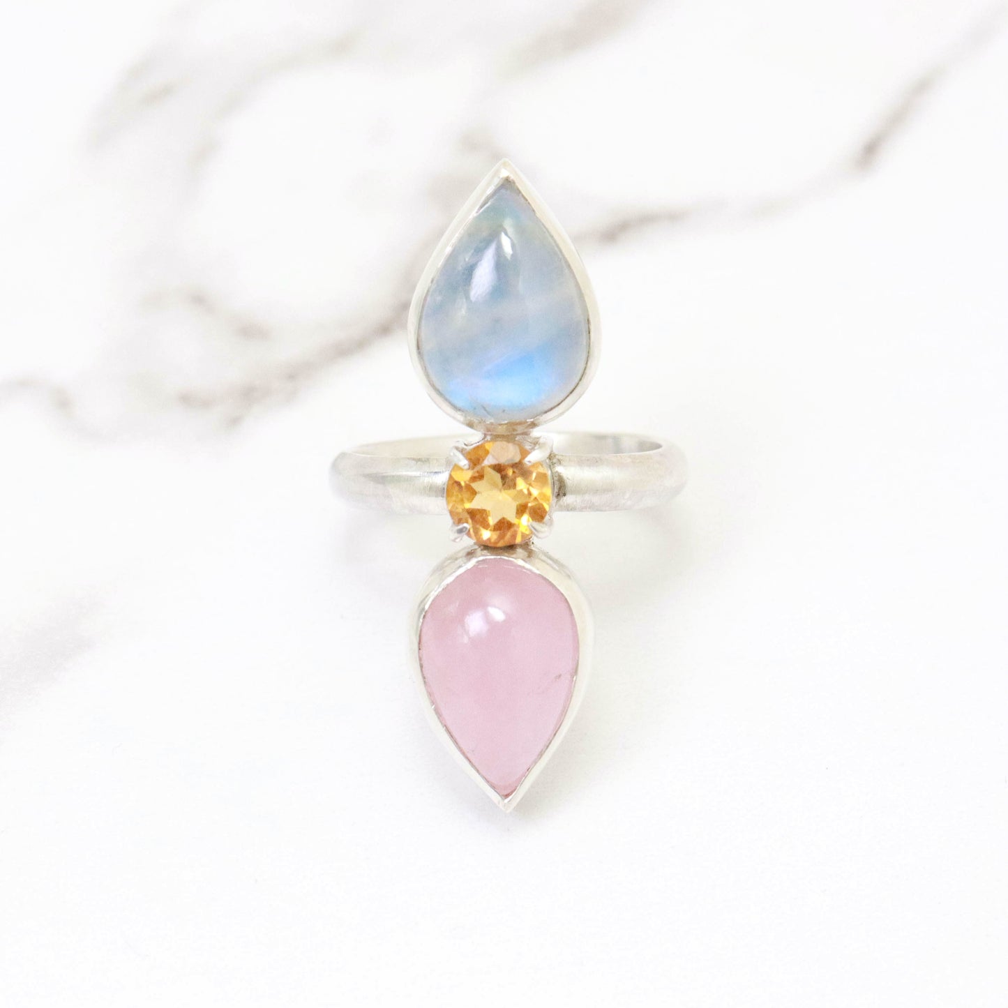 Morganite, Citrine, & Moonstone Trio Gemstone Ring