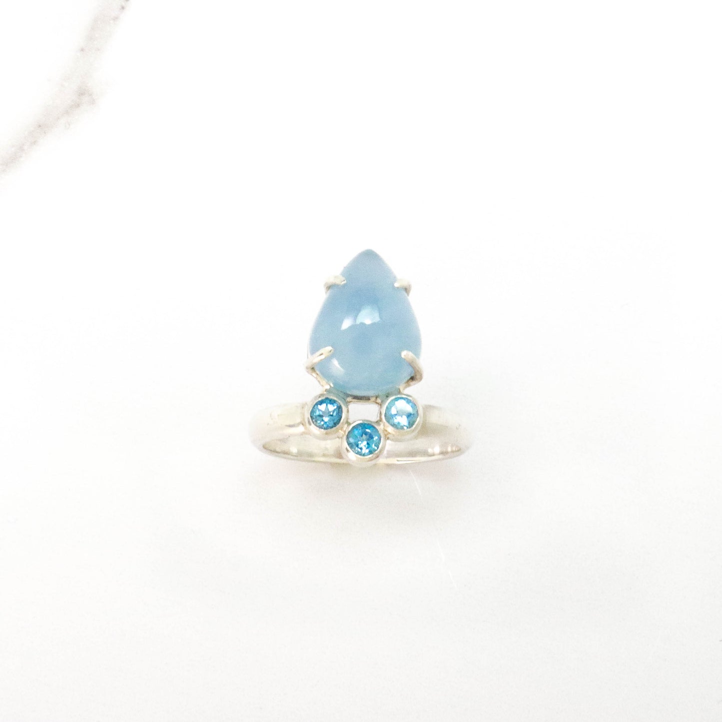 Handmade High end, Aquamarine and 3 Stone  Blue Topaz Ring, Comfort Ring Band