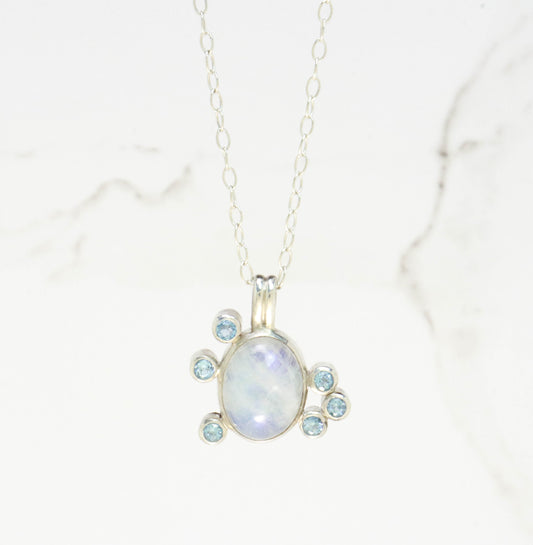 Rainbow Moonstone & Blue Topaz Necklace