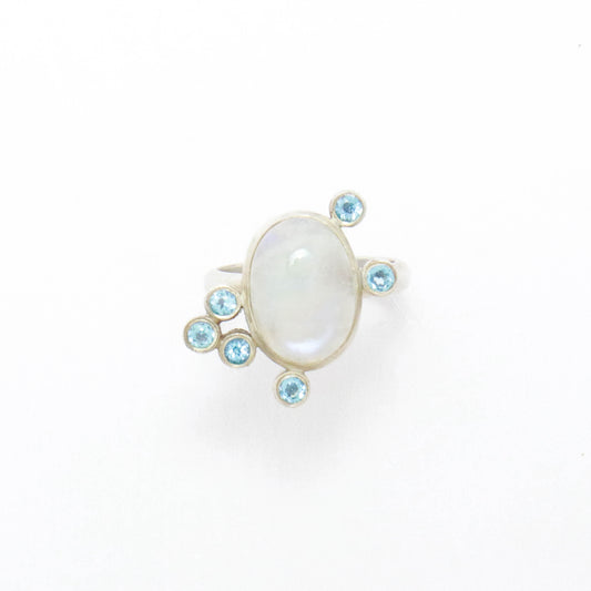 Rainbow Moonstone & Blue Topaz Ring