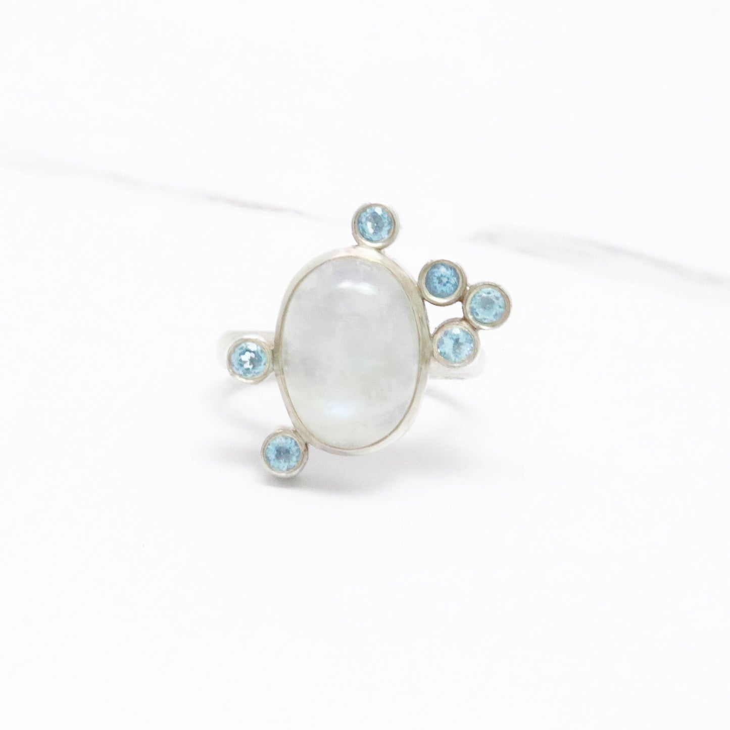 Rainbow Moonstone & Blue Topaz Ring