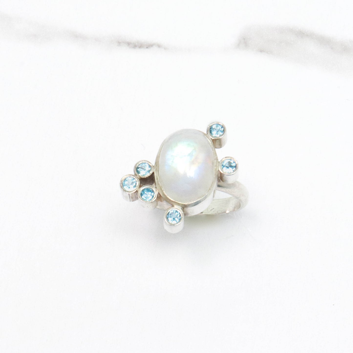 Rainbow Moonstone & Blue Topaz Ring