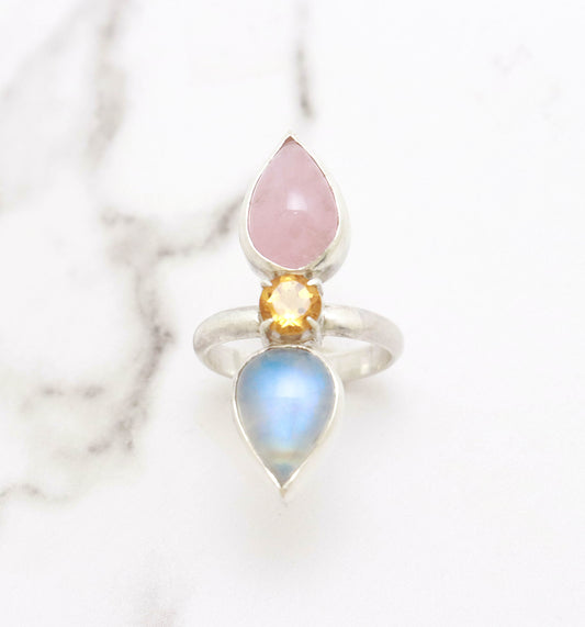 Morganite, Citrine, & Moonstone Trio Gemstone Ring