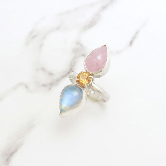 Morganite, Citrine, & Moonstone Trio Gemstone Ring